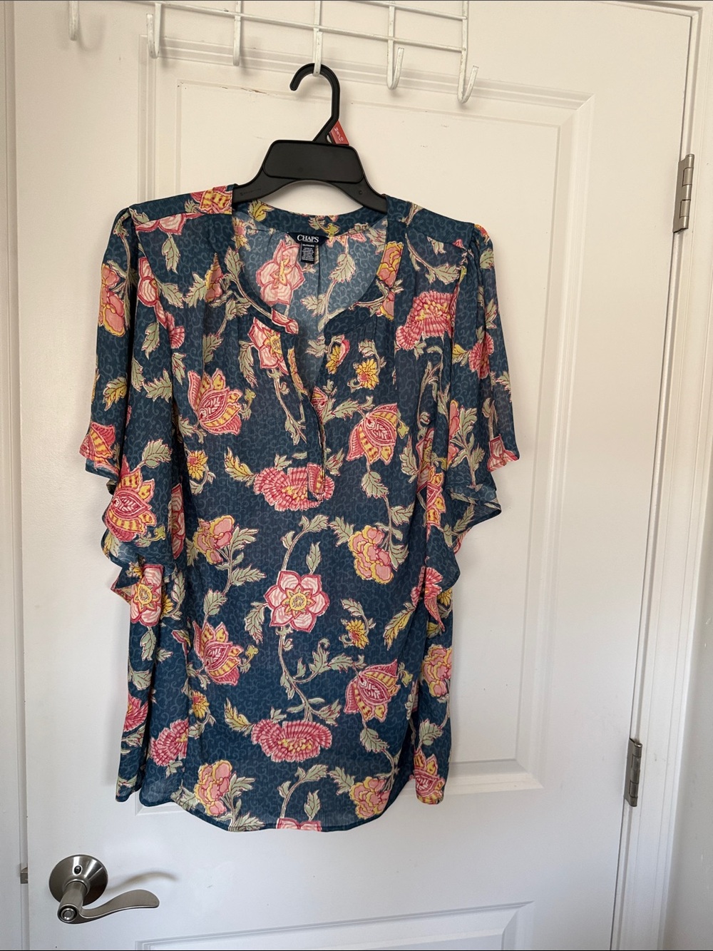 Chaps Navy Floral Flutter-Sleeve Tunic with Pink and Yellow Bloom
